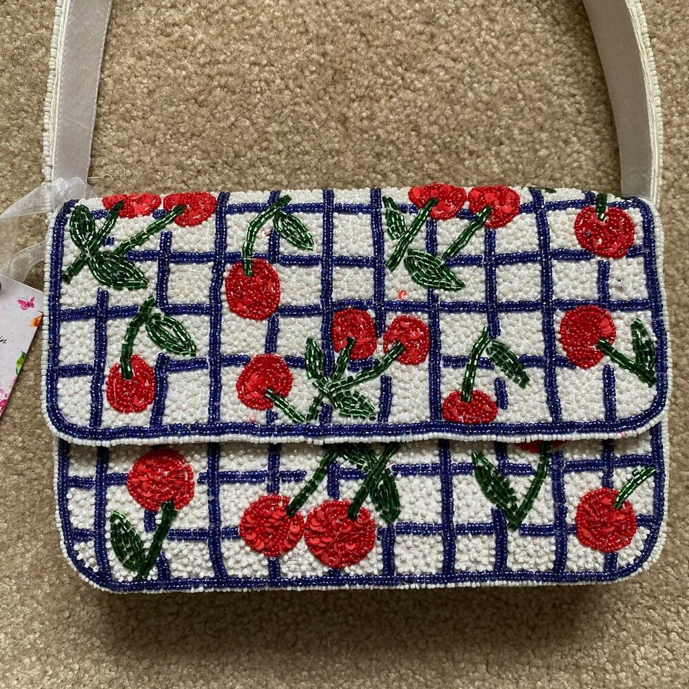 Viral Cherry Beaded Shoulder Bag NWT Navy White Red Green Summer Purse Vacation - Picture 2 of 12
